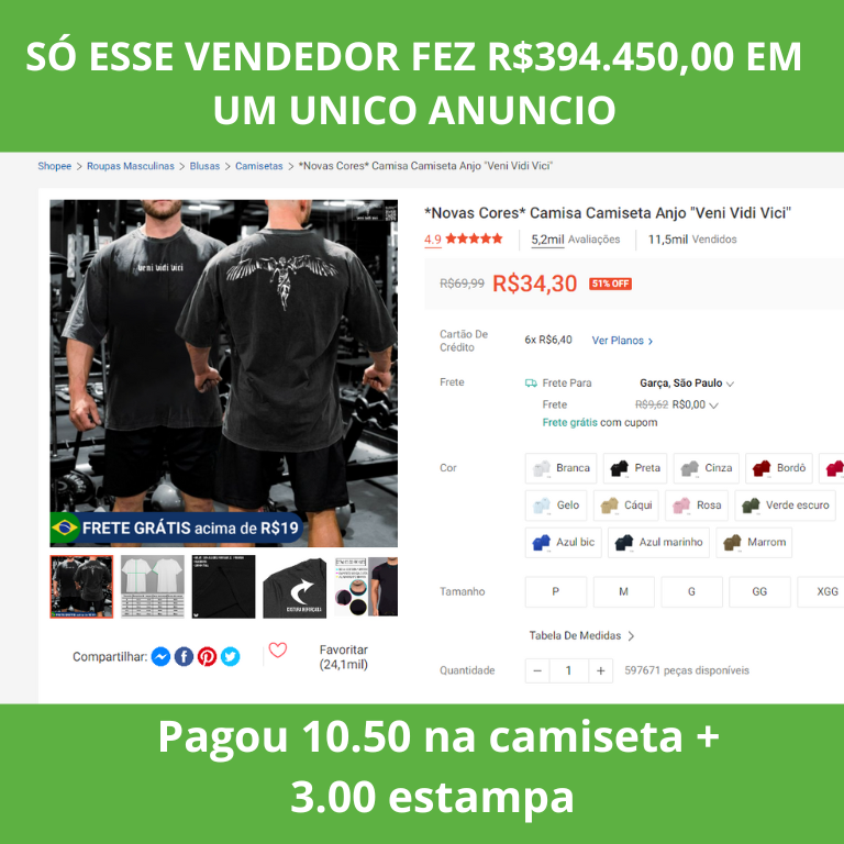 Pagou 10.50 na camiseta + 3.00 estampa